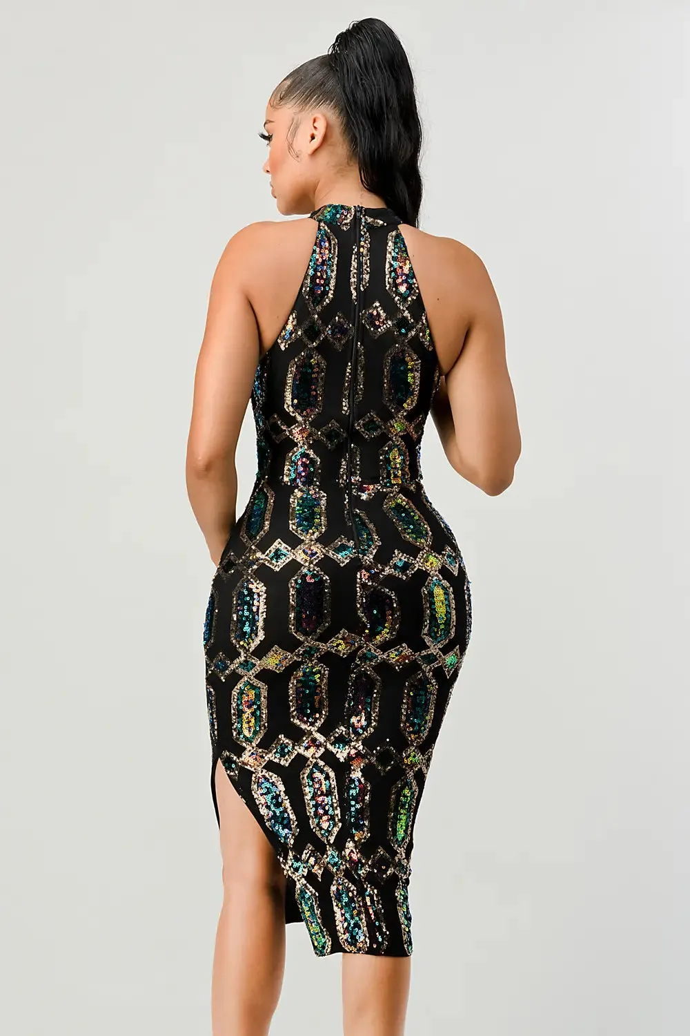 Diamond Pattern Sequins Halter Midi Dress