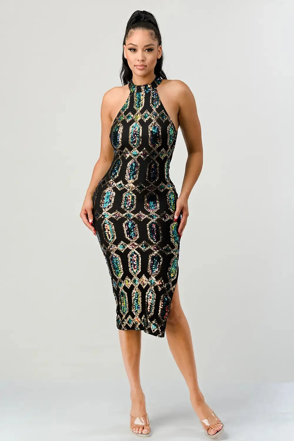 Diamond Pattern Sequins Halter Midi Dress
