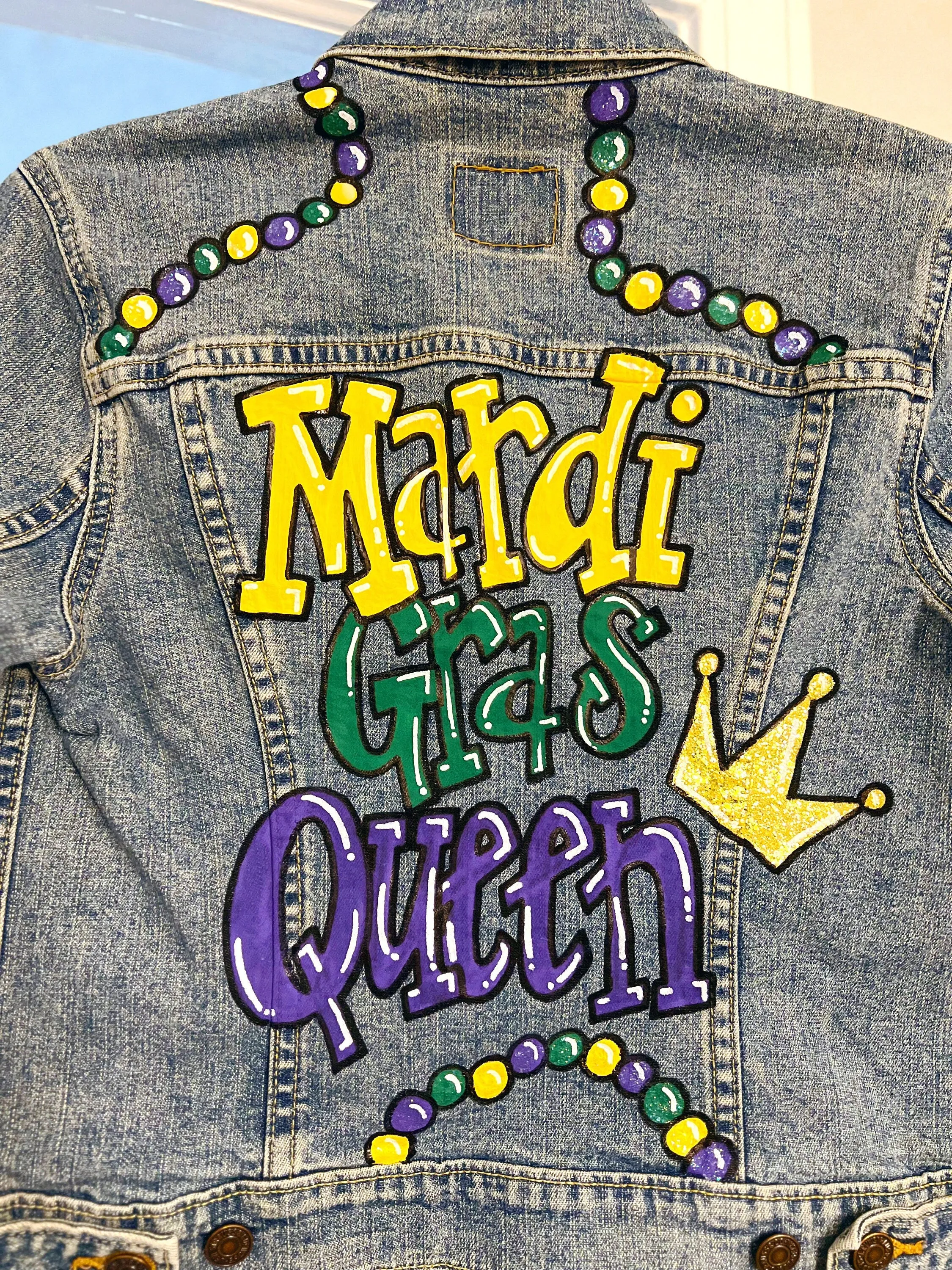 Hand Painted Mardi Gras Jean Jacket - Mardi Gras, Painted Jean Jacket, New Orleans, NOLA, Purple Green Gold, Mardi Gras, Parade Outfit