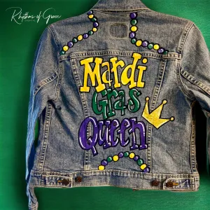 Hand Painted Mardi Gras Jean Jacket - Mardi Gras, Painted Jean Jacket, New Orleans, NOLA, Purple Green Gold, Mardi Gras, Parade Outfit