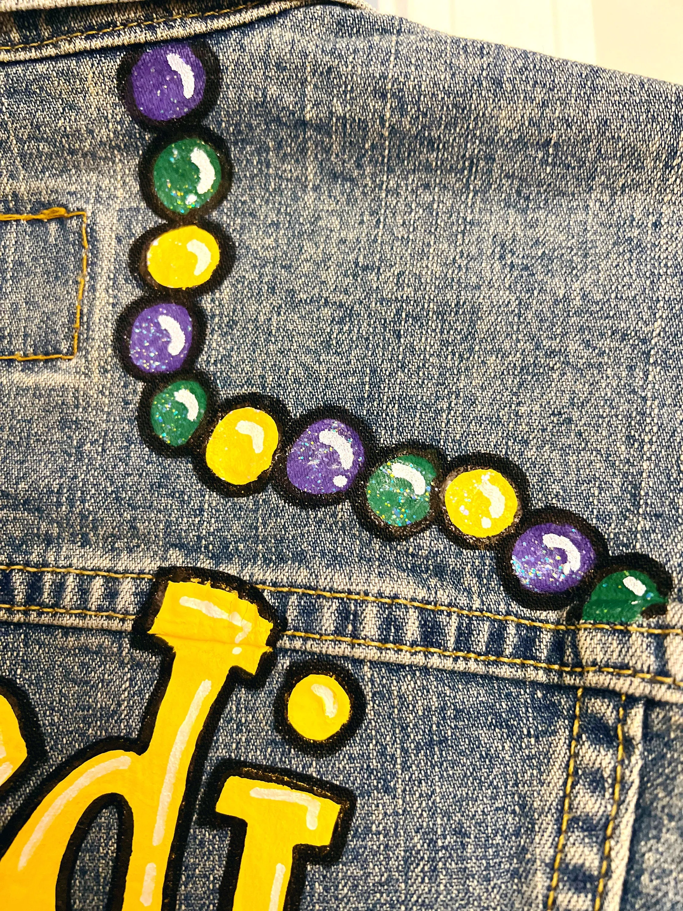 Hand Painted Mardi Gras Jean Jacket - Mardi Gras, Painted Jean Jacket, New Orleans, NOLA, Purple Green Gold, Mardi Gras, Parade Outfit