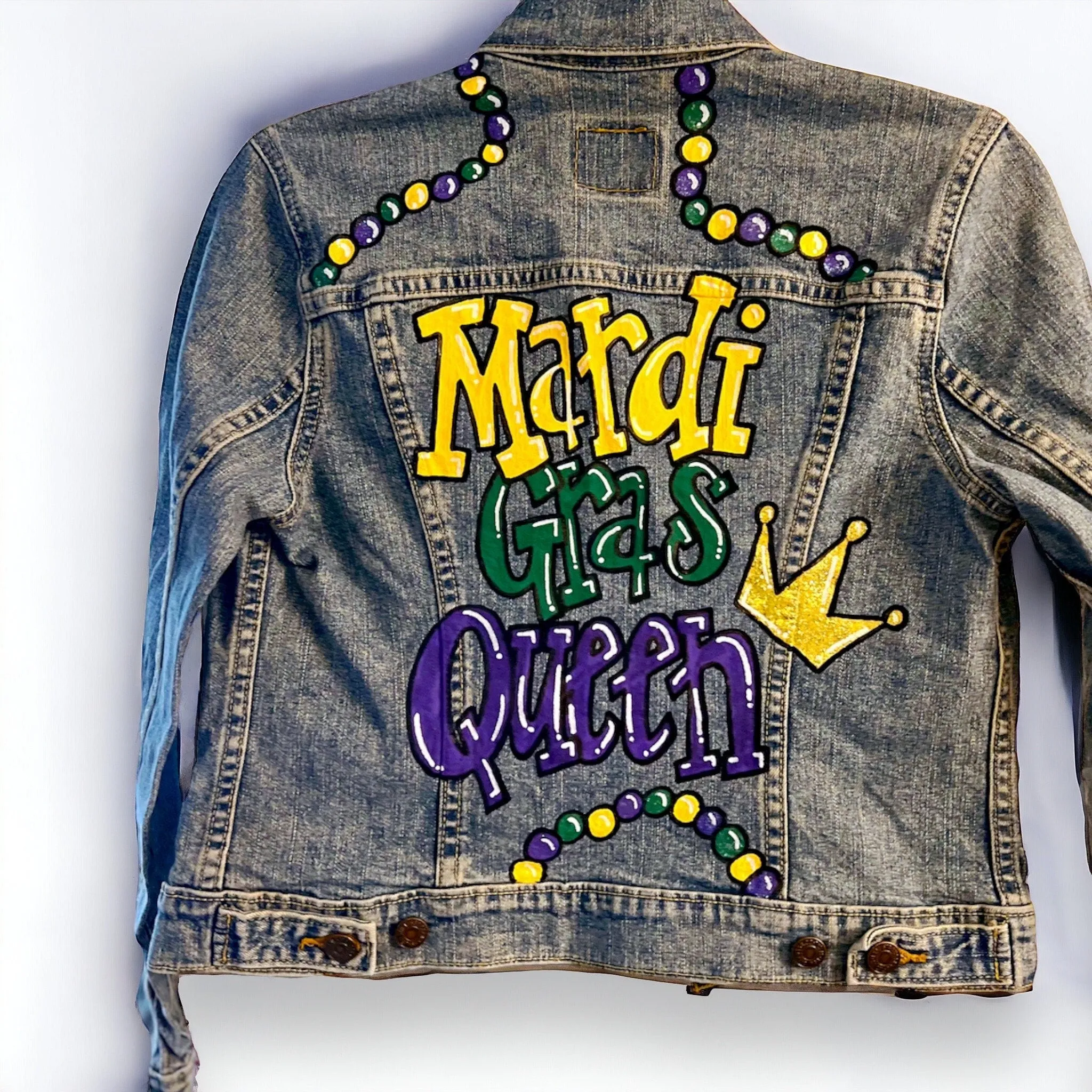 Hand Painted Mardi Gras Jean Jacket - Mardi Gras, Painted Jean Jacket, New Orleans, NOLA, Purple Green Gold, Mardi Gras, Parade Outfit