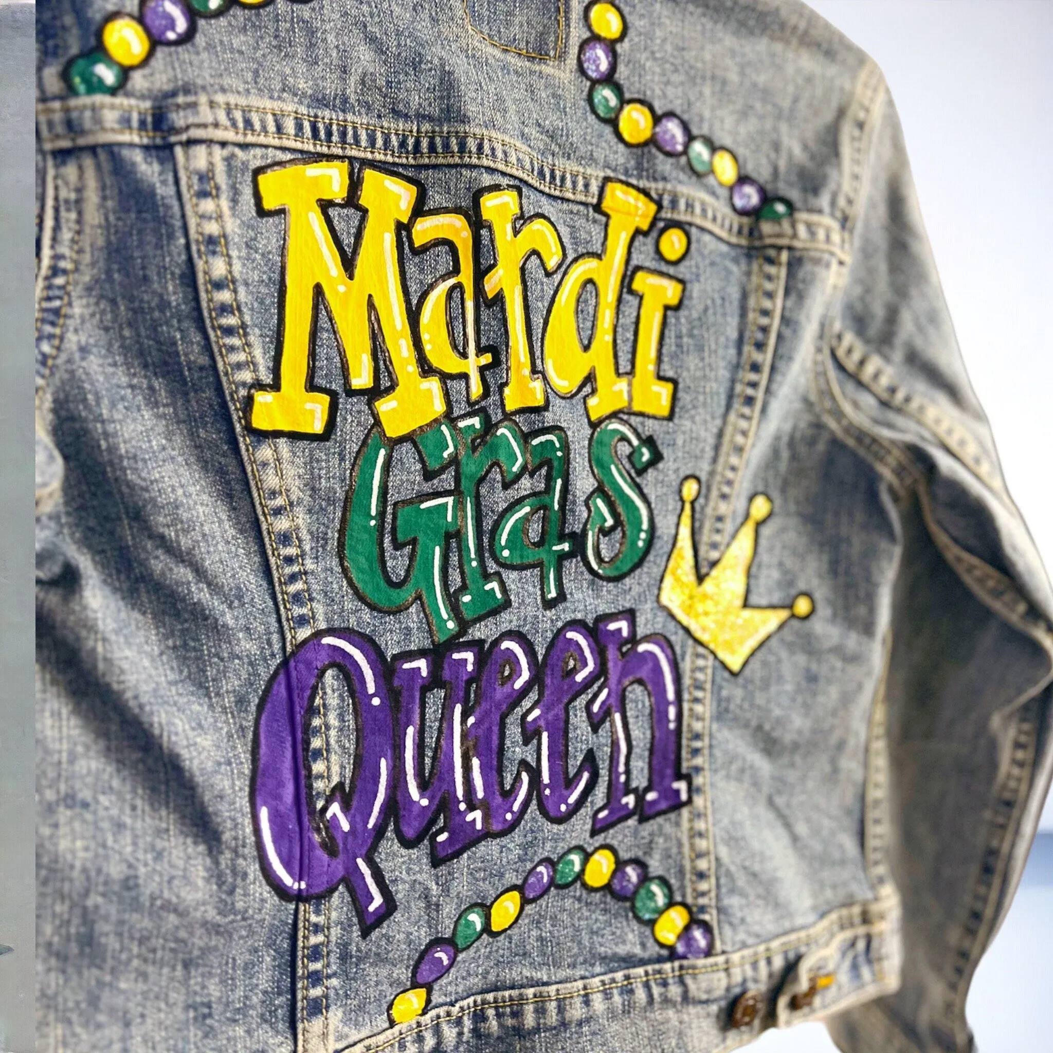 Hand Painted Mardi Gras Jean Jacket - Mardi Gras, Painted Jean Jacket, New Orleans, NOLA, Purple Green Gold, Mardi Gras, Parade Outfit