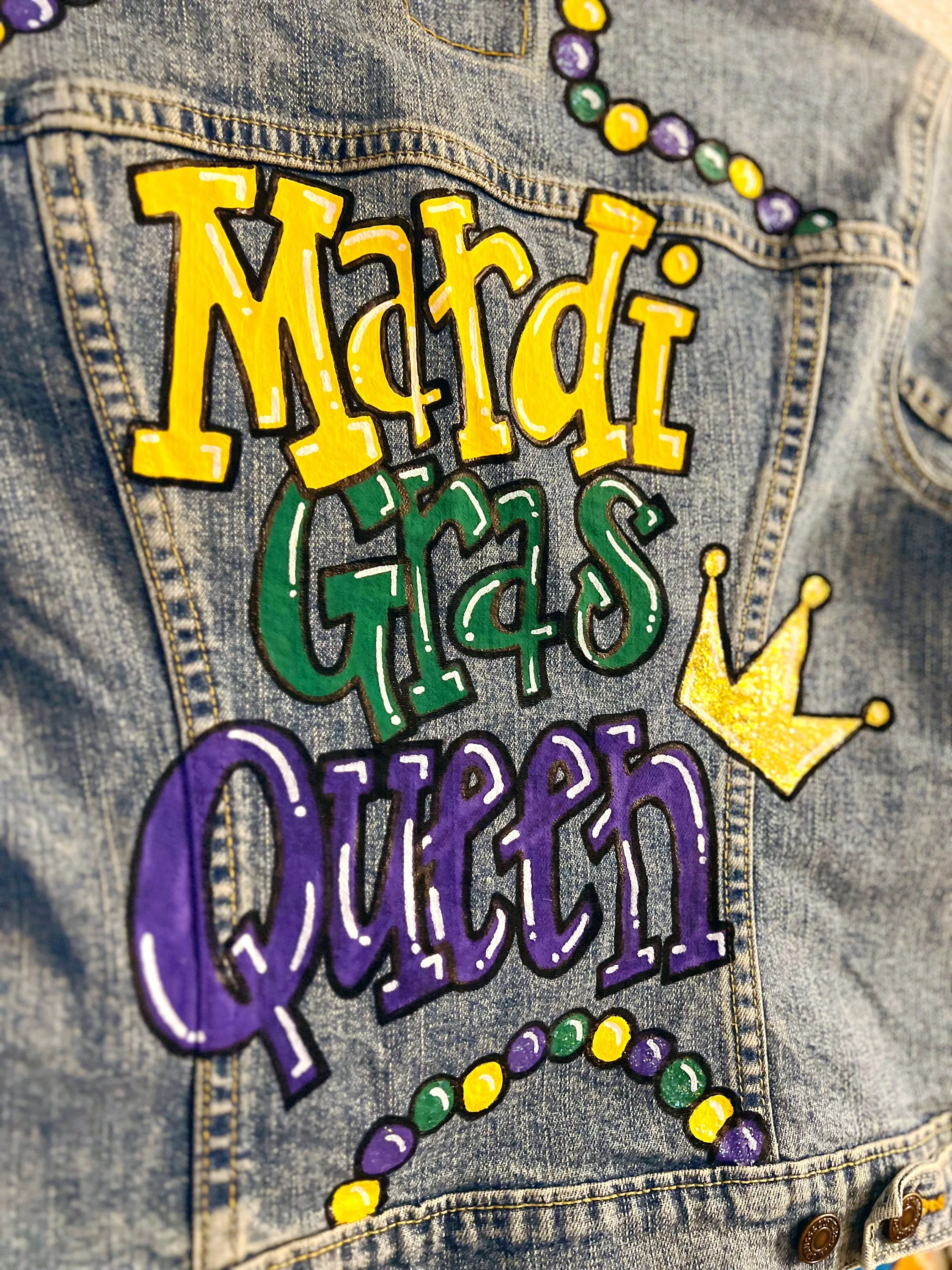 Hand Painted Mardi Gras Jean Jacket - Mardi Gras, Painted Jean Jacket, New Orleans, NOLA, Purple Green Gold, Mardi Gras, Parade Outfit