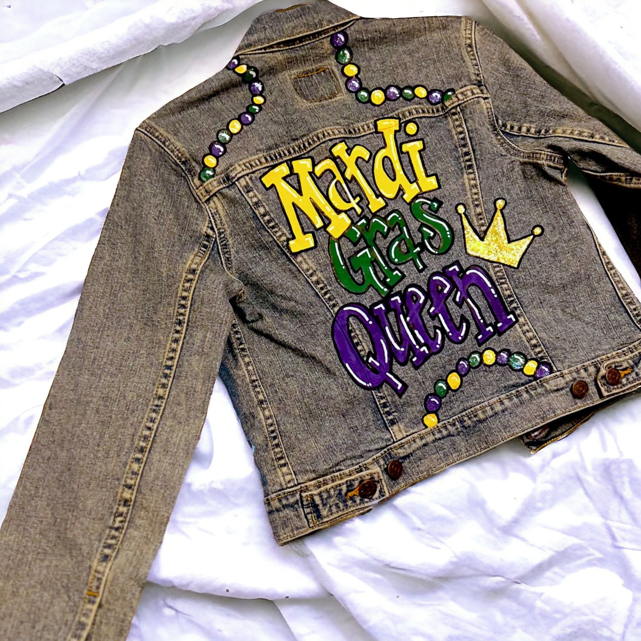 Hand Painted Mardi Gras Jean Jacket - Mardi Gras, Painted Jean Jacket, New Orleans, NOLA, Purple Green Gold, Mardi Gras, Parade Outfit