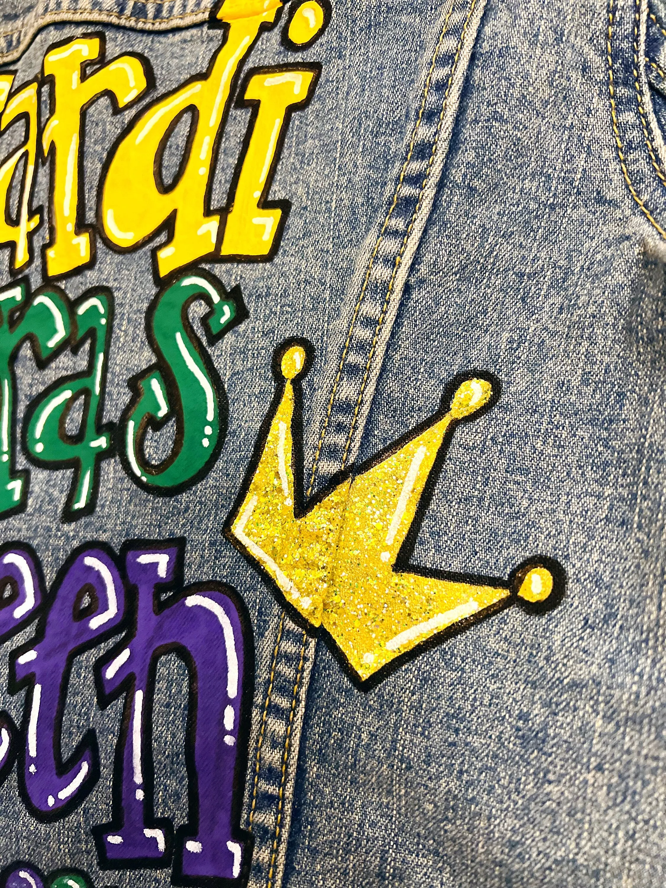 Hand Painted Mardi Gras Jean Jacket - Mardi Gras, Painted Jean Jacket, New Orleans, NOLA, Purple Green Gold, Mardi Gras, Parade Outfit