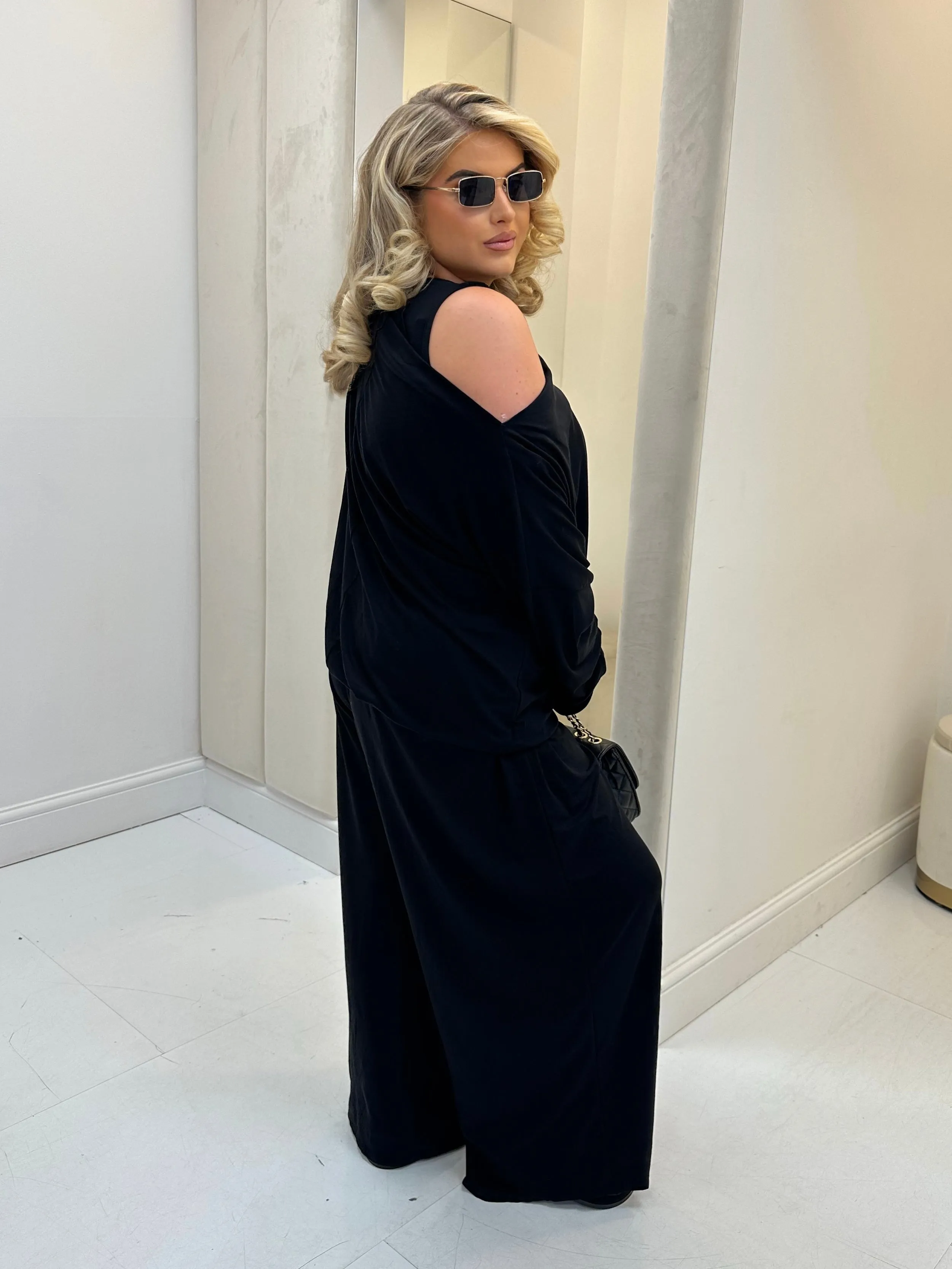 Hollyanna Curve Black Cowl Neck Jersey Drawstring Co-Ord