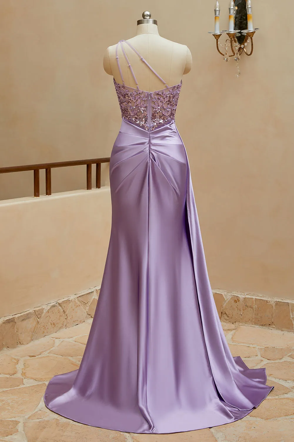 Luolandi Mermaid Satin One Shoulder Beaded Prom Dresses Sweep Train Sexy Evening Dresses