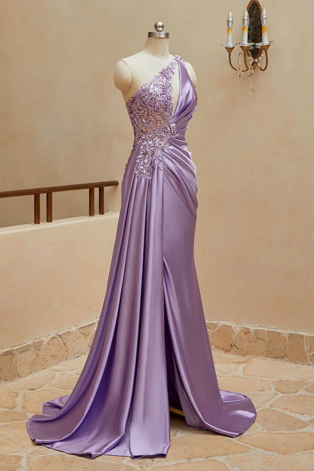 Luolandi Mermaid Satin One Shoulder Beaded Prom Dresses Sweep Train Sexy Evening Dresses