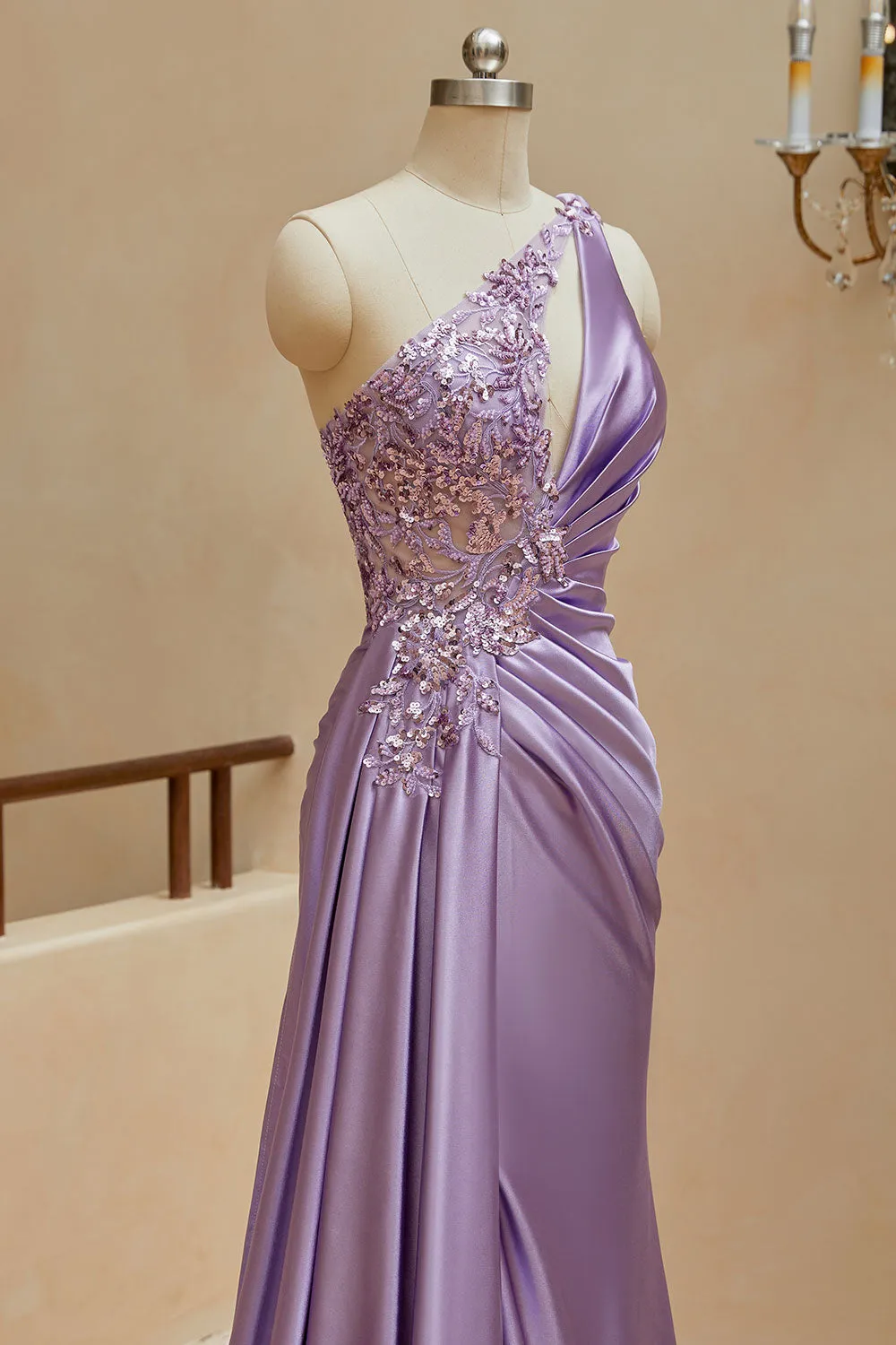 Luolandi Mermaid Satin One Shoulder Beaded Prom Dresses Sweep Train Sexy Evening Dresses