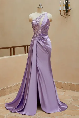 Luolandi Mermaid Satin One Shoulder Beaded Prom Dresses Sweep Train Sexy Evening Dresses