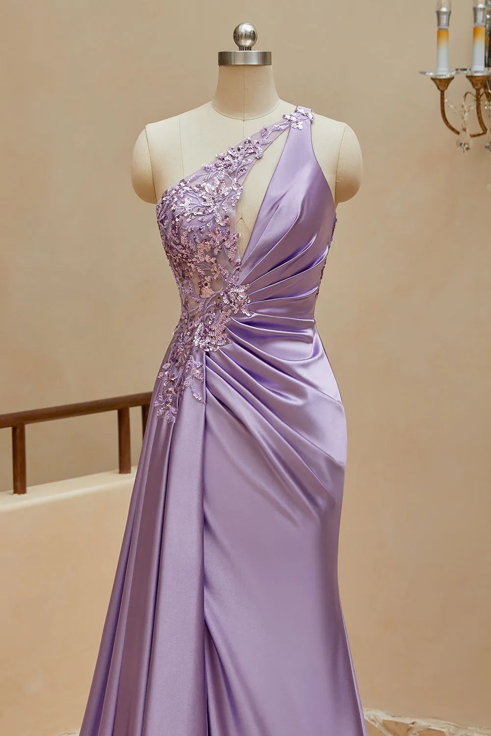 Luolandi Mermaid Satin One Shoulder Beaded Prom Dresses Sweep Train Sexy Evening Dresses