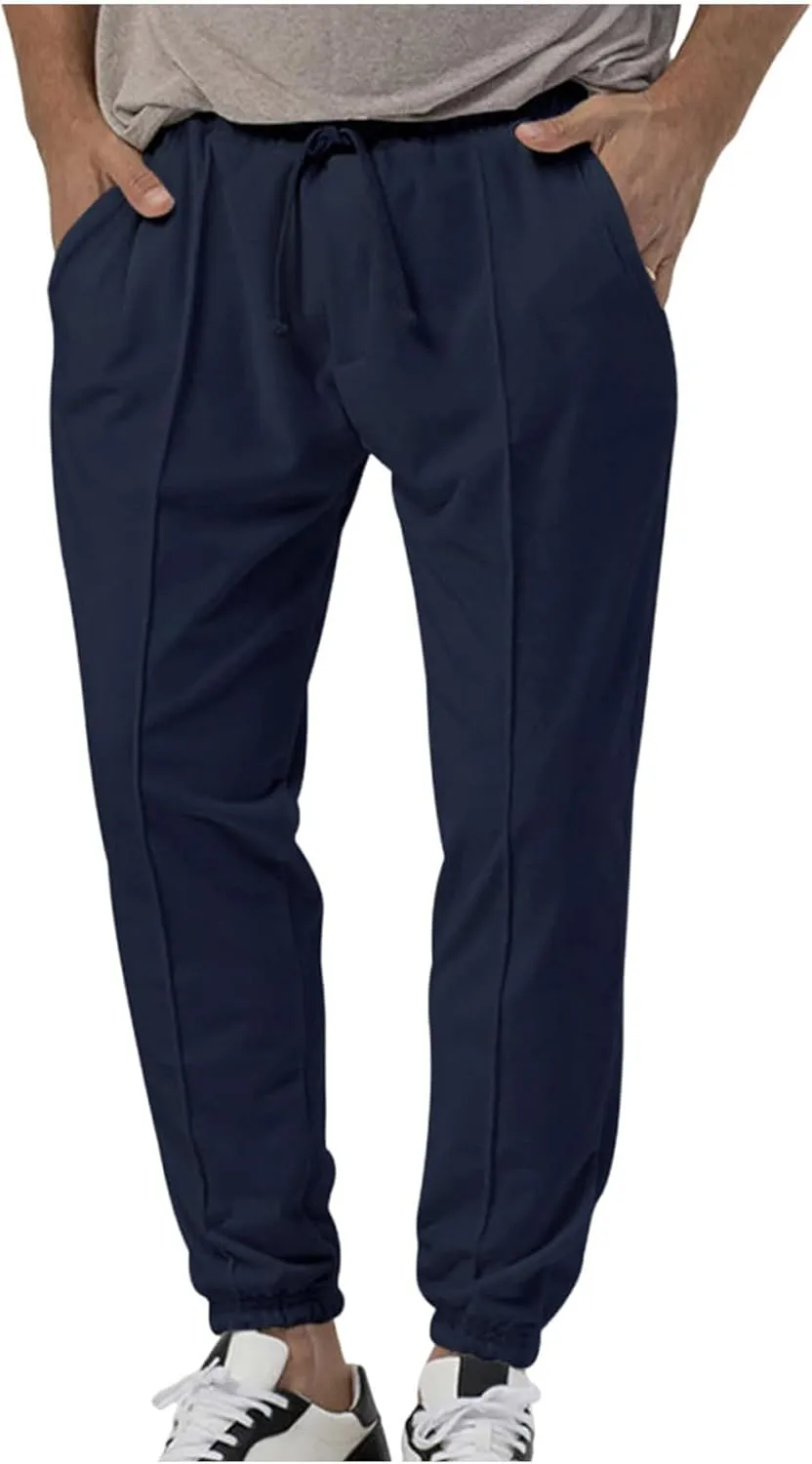 Mens Tracksuit Bottoms Elastic Waist Drawstring Sweatpants Solid Color Trousers Slim Fit Thickened Leggings with Pocket