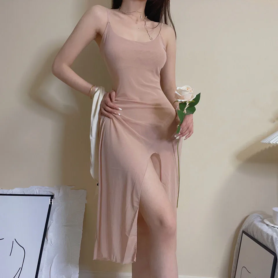 Mesh Perspective Bottom Slant Split Design Dress