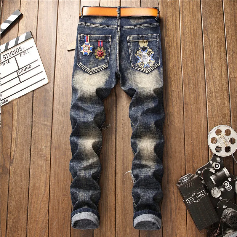 Punk Flower Embroidery Ripped Patchwork Design Men Jeans