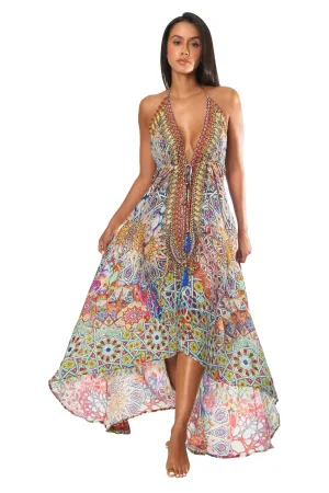 River Bed Designer Halter Neck Backless Resort Dress For Woman