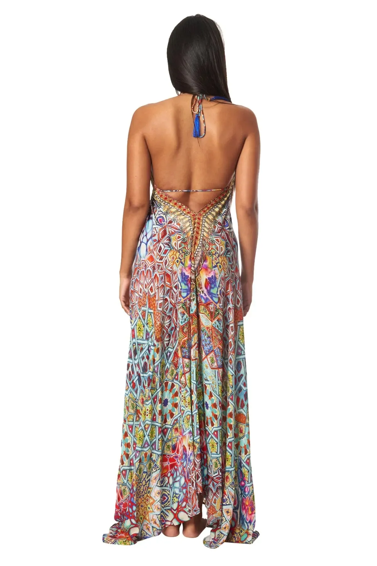 River Bed Designer Halter Neck Backless Resort Dress For Woman