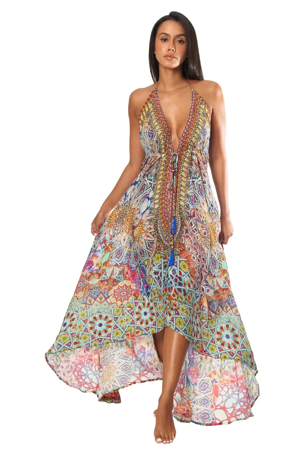 River Bed Designer Halter Neck Backless Resort Dress For Woman