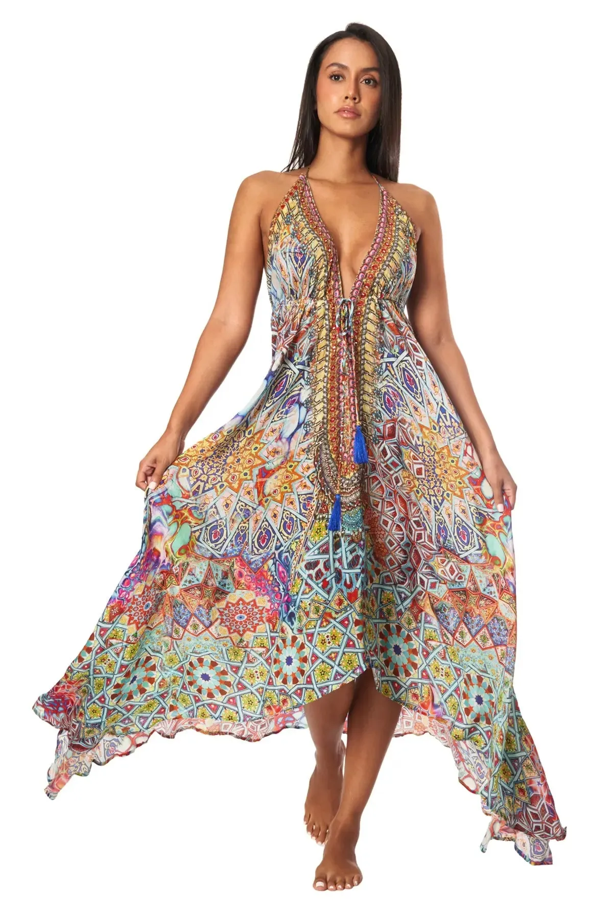 River Bed Designer Halter Neck Backless Resort Dress For Woman