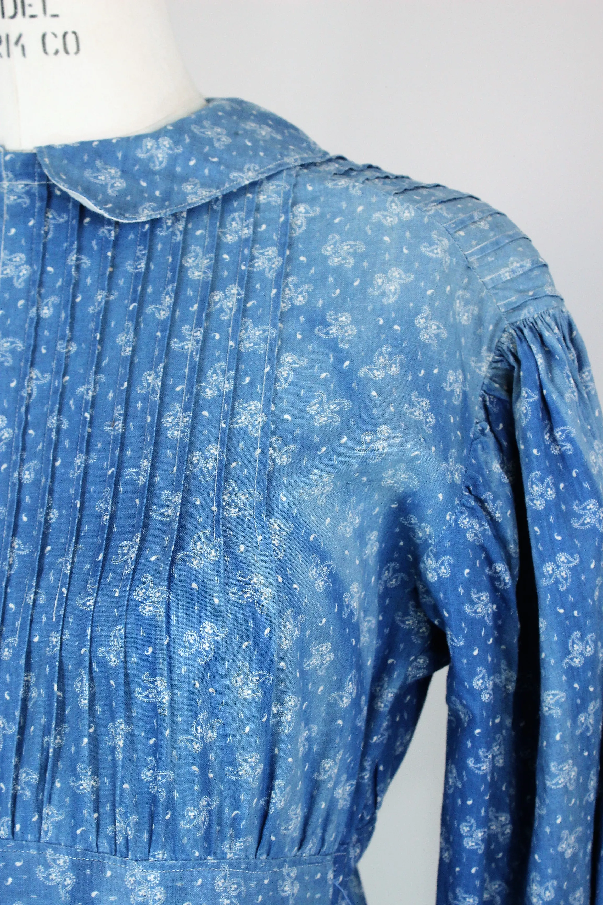 Victorian Late 1800s Blue Paisley Calico Cotton Dress