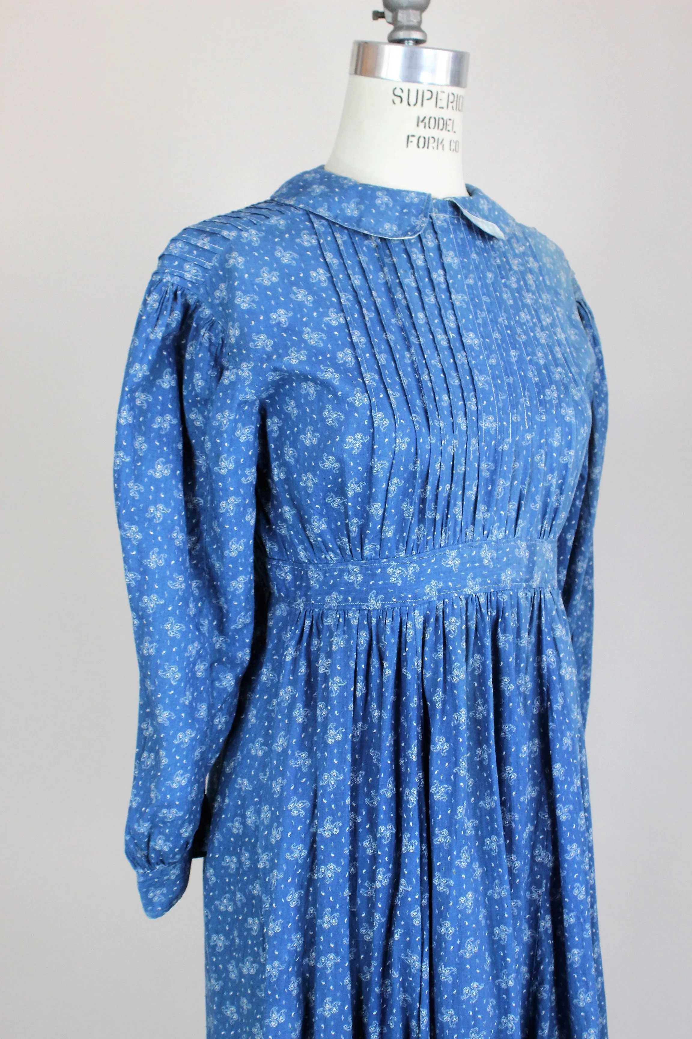 Victorian Late 1800s Blue Paisley Calico Cotton Dress