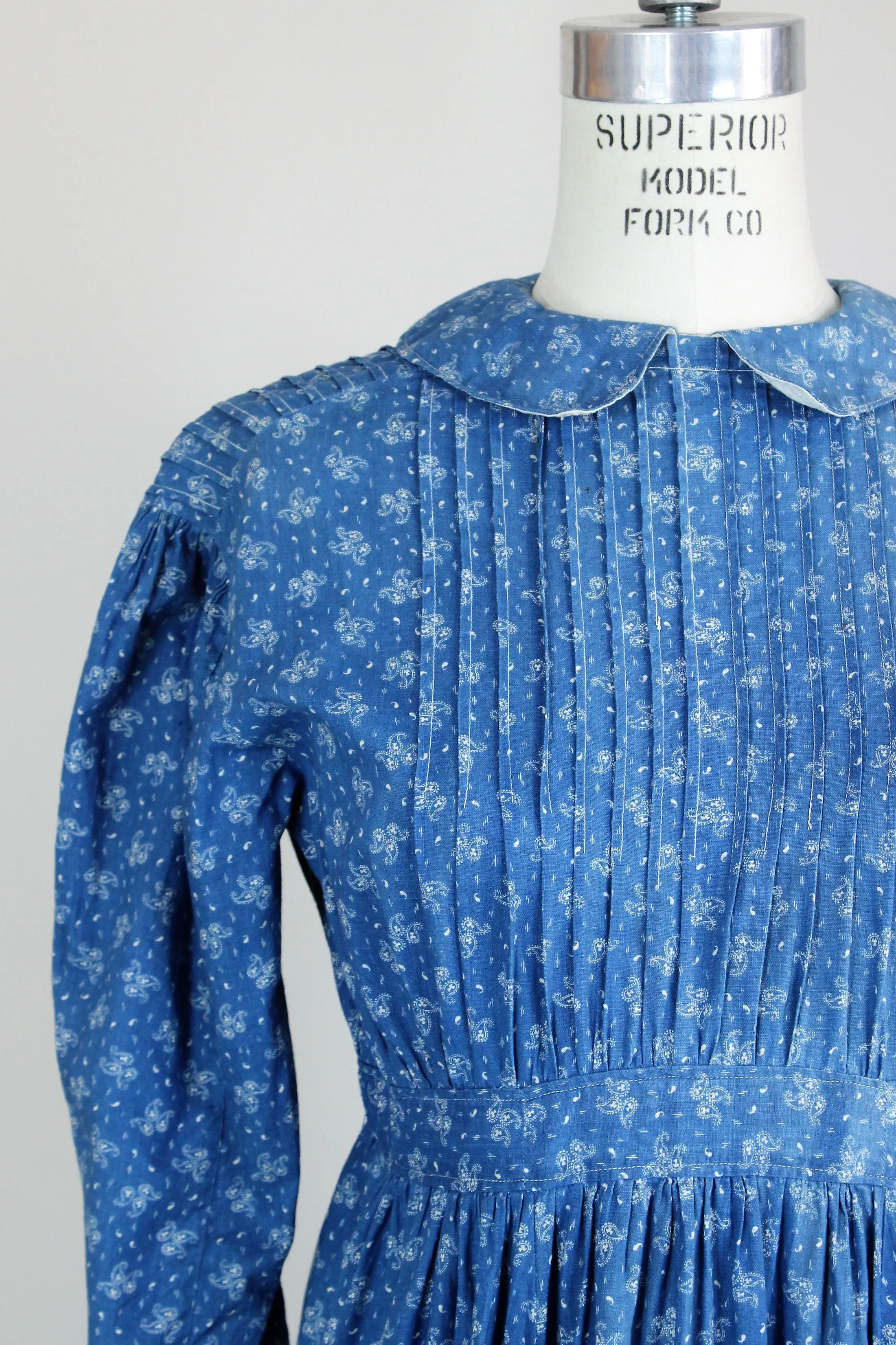 Victorian Late 1800s Blue Paisley Calico Cotton Dress