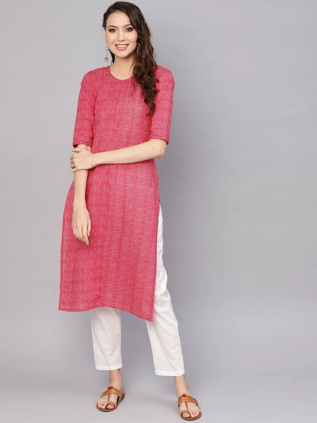 Women Red & White Striped Kurta With Trousers