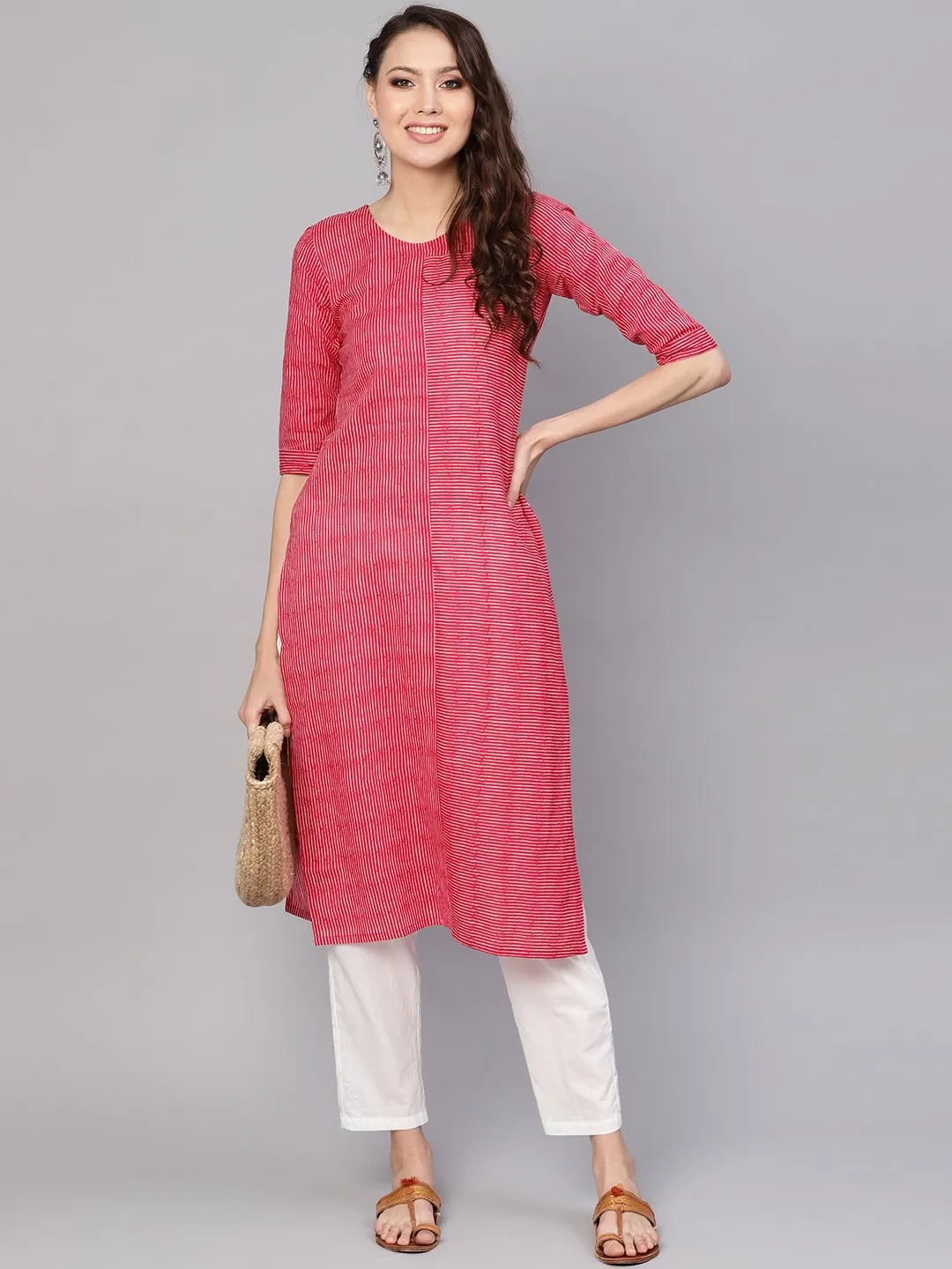 Women Red & White Striped Kurta With Trousers