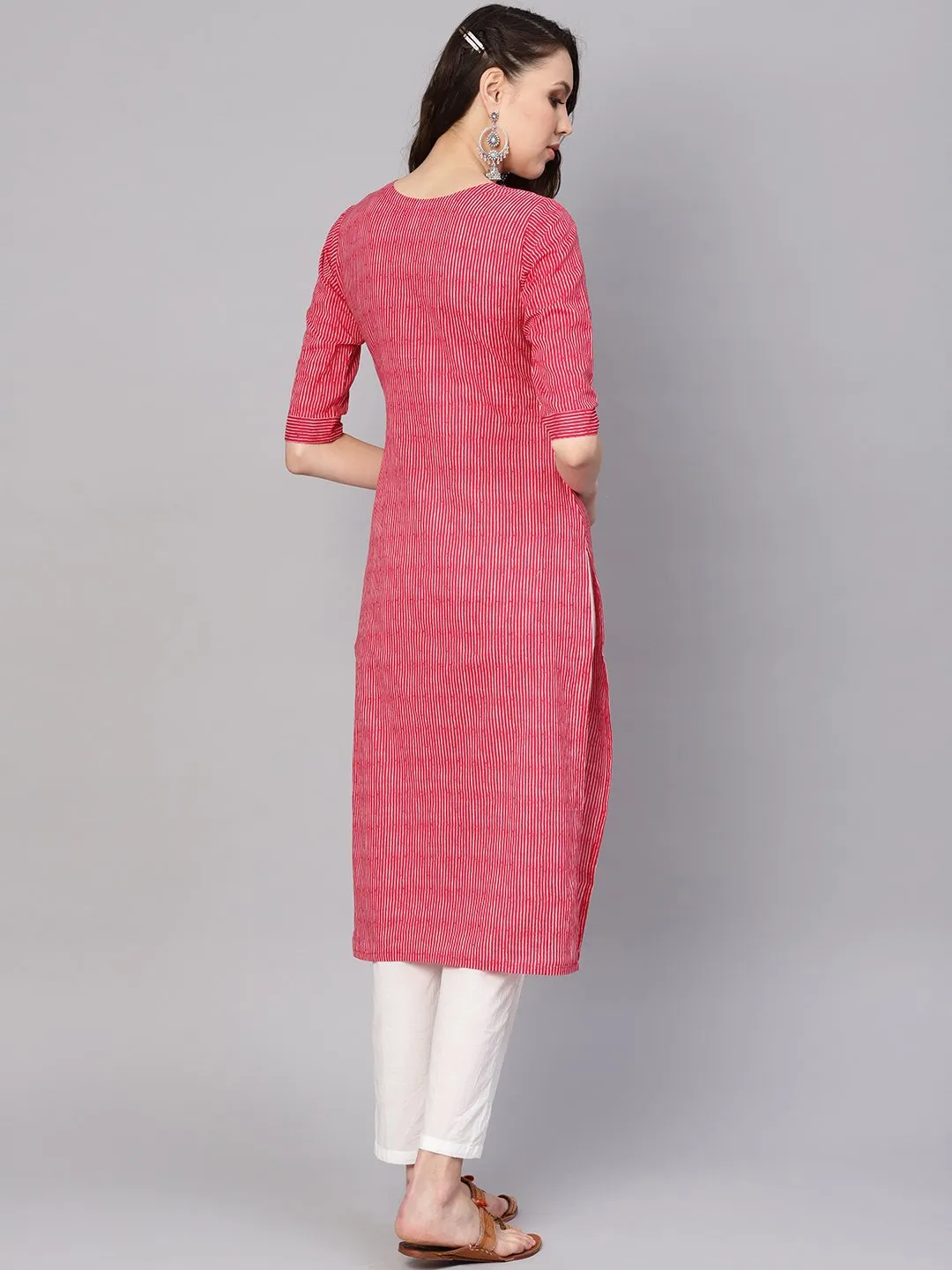 Women Red & White Striped Kurta With Trousers