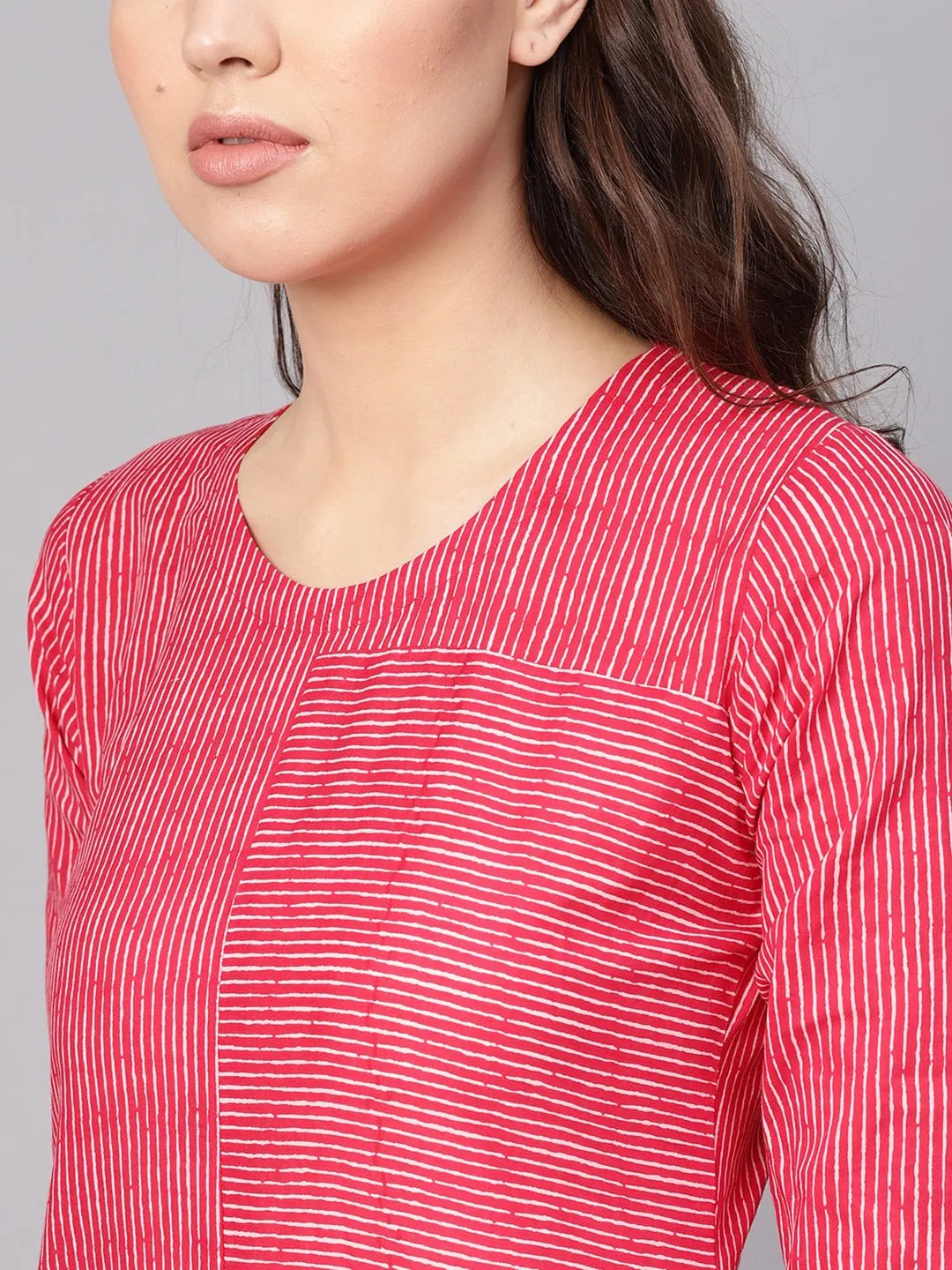 Women Red & White Striped Kurta With Trousers