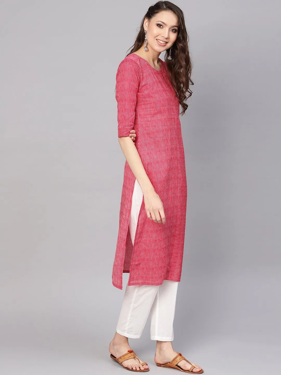 Women Red & White Striped Kurta With Trousers