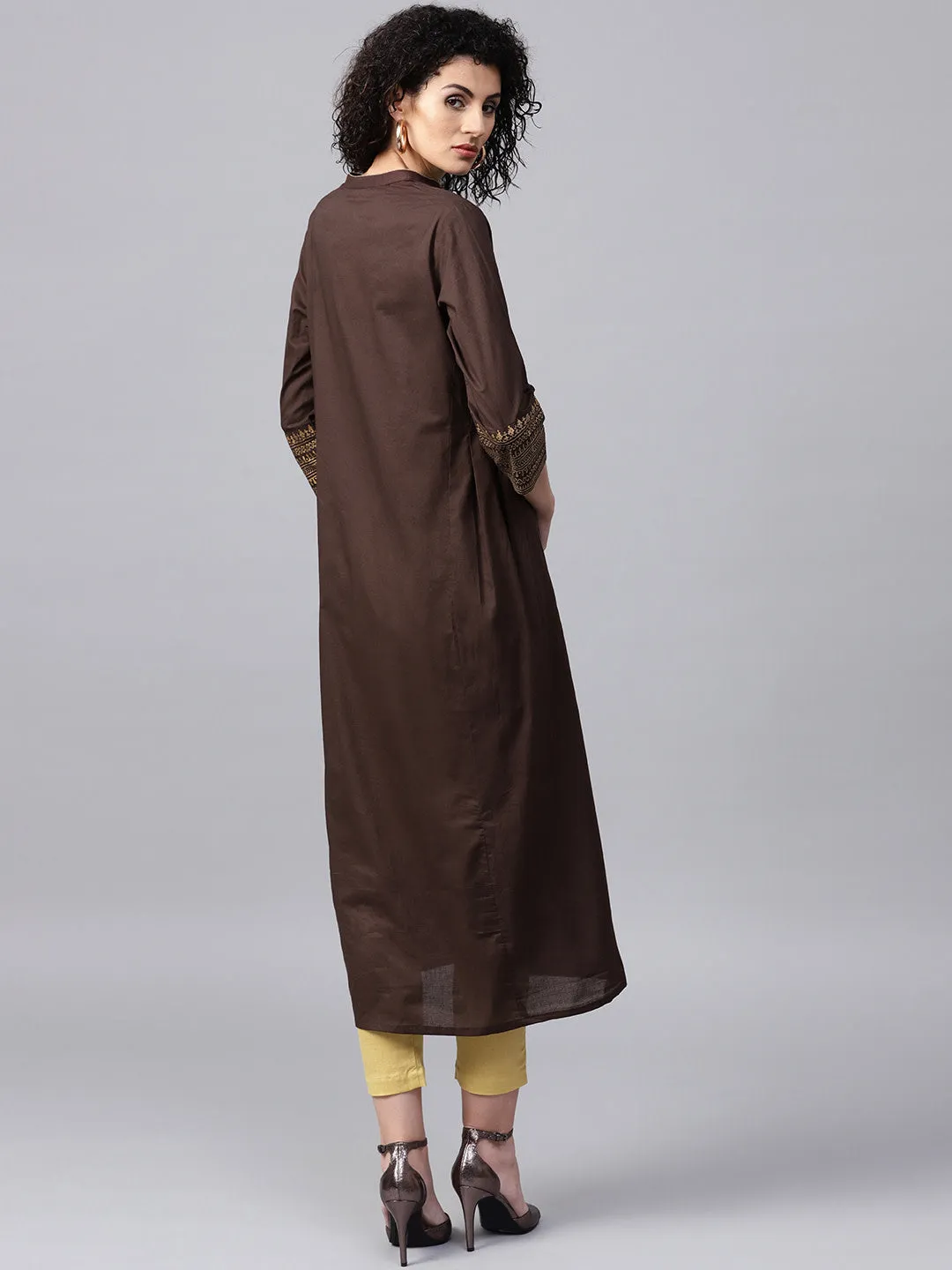 Women Rown And Mustard Yellow Printed Kurta With Trousers