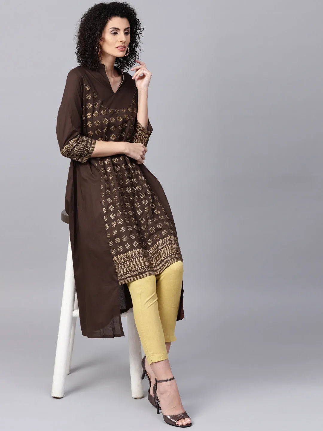 Women Rown And Mustard Yellow Printed Kurta With Trousers