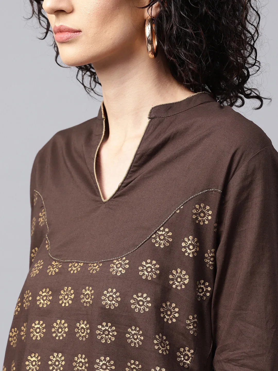 Women Rown And Mustard Yellow Printed Kurta With Trousers