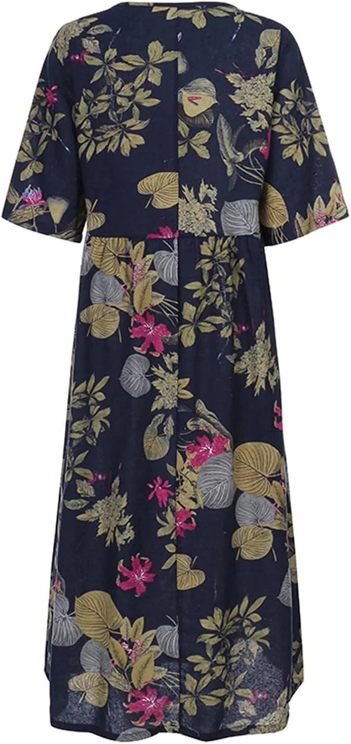 Women's Beach Dress Summer Casual Loose Trendy 3/4 Sleeve Round Neck Floral Print Holiday Boho Maxi Dresses, M-5XL