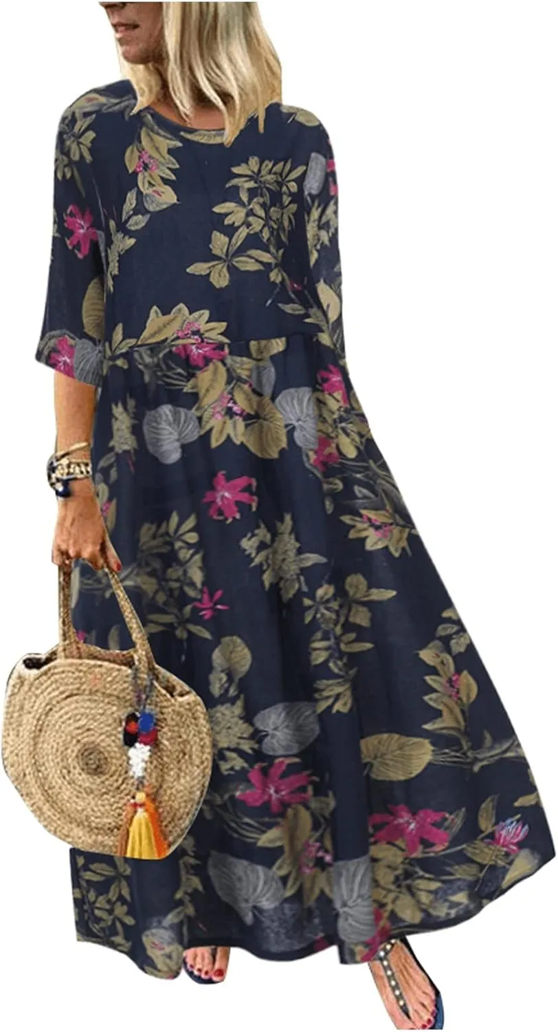 Women's Beach Dress Summer Casual Loose Trendy 3/4 Sleeve Round Neck Floral Print Holiday Boho Maxi Dresses, M-5XL