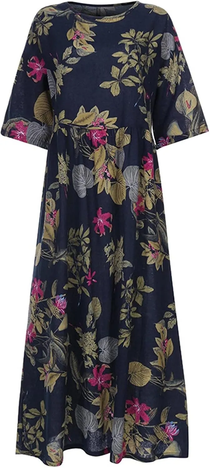 Women's Beach Dress Summer Casual Loose Trendy 3/4 Sleeve Round Neck Floral Print Holiday Boho Maxi Dresses, M-5XL