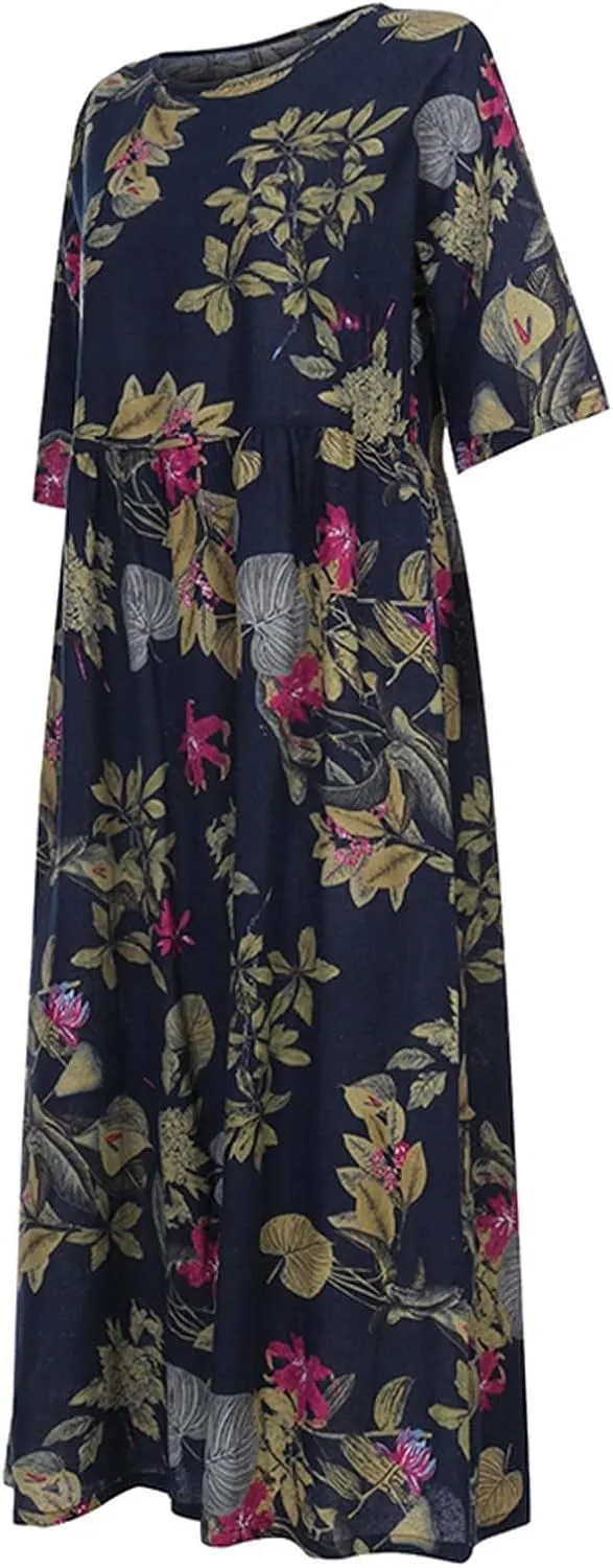 Women's Beach Dress Summer Casual Loose Trendy 3/4 Sleeve Round Neck Floral Print Holiday Boho Maxi Dresses, M-5XL