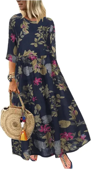 Women's Beach Dress Summer Casual Loose Trendy 3/4 Sleeve Round Neck Floral Print Holiday Boho Maxi Dresses, M-5XL