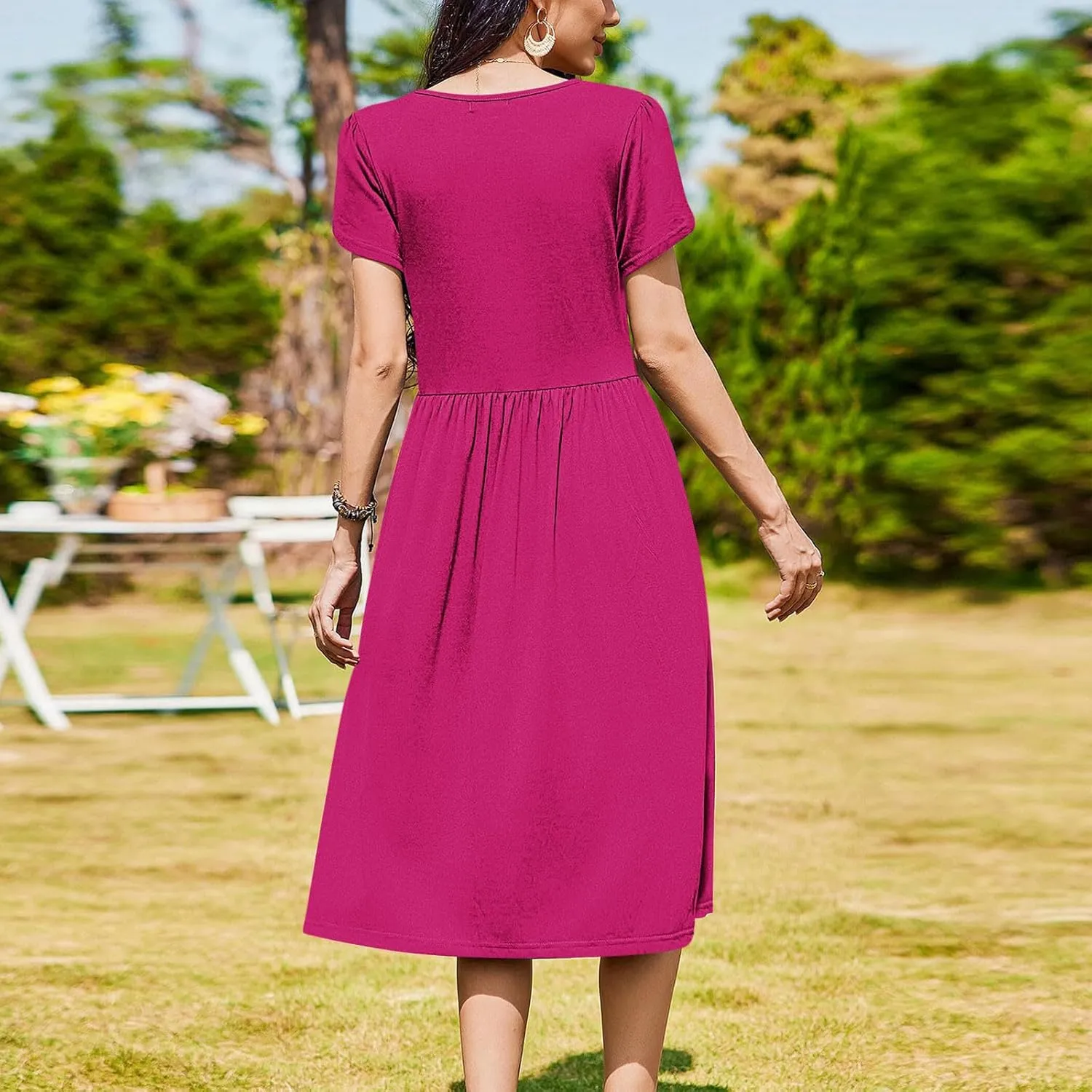 Womens Casual Dress for Summer Short Sleeve Pleated Dress Flowy Floral Beach Dress with Pockets A Line Midi Sundress