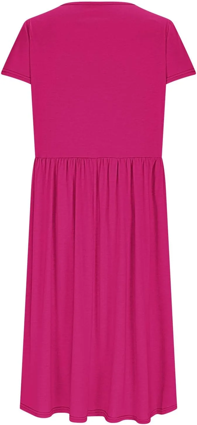 Womens Casual Dress for Summer Short Sleeve Pleated Dress Flowy Floral Beach Dress with Pockets A Line Midi Sundress