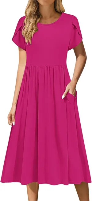 Womens Casual Dress for Summer Short Sleeve Pleated Dress Flowy Floral Beach Dress with Pockets A Line Midi Sundress