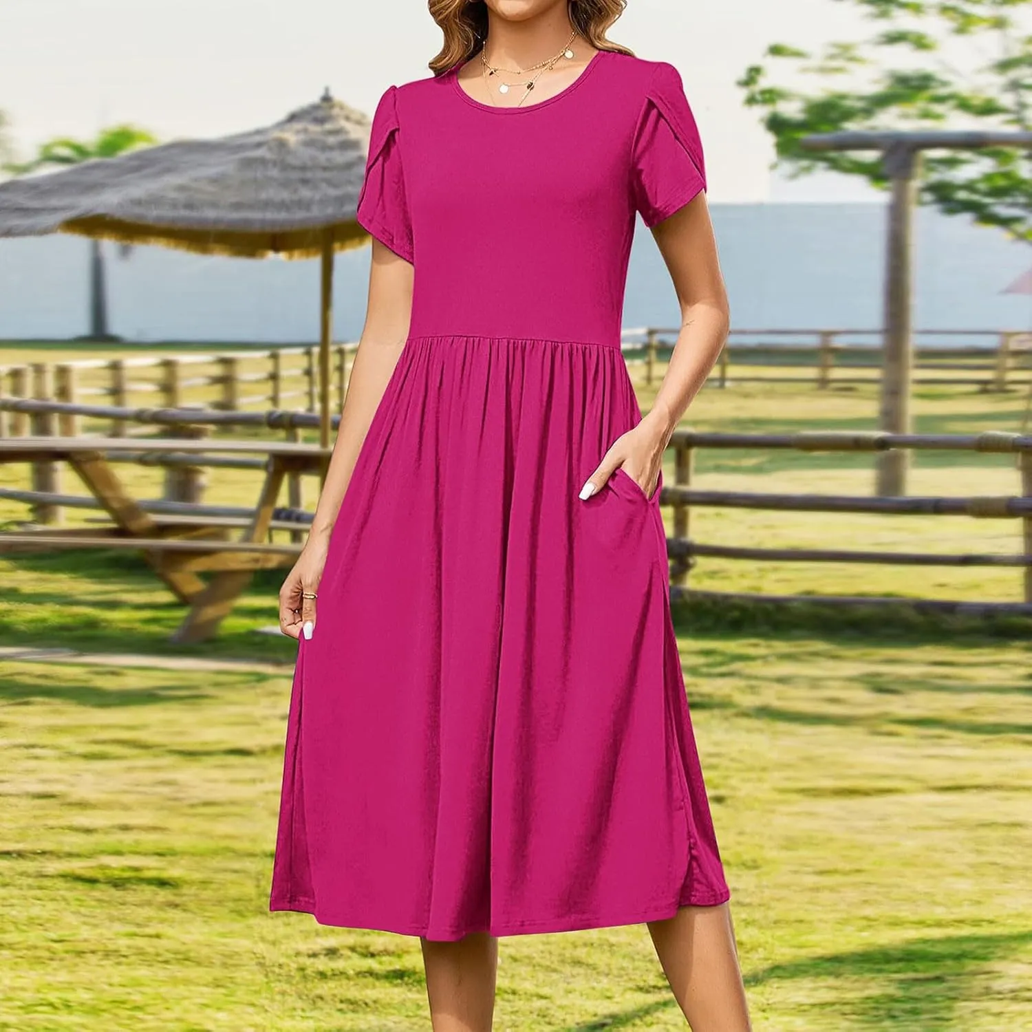 Womens Casual Dress for Summer Short Sleeve Pleated Dress Flowy Floral Beach Dress with Pockets A Line Midi Sundress