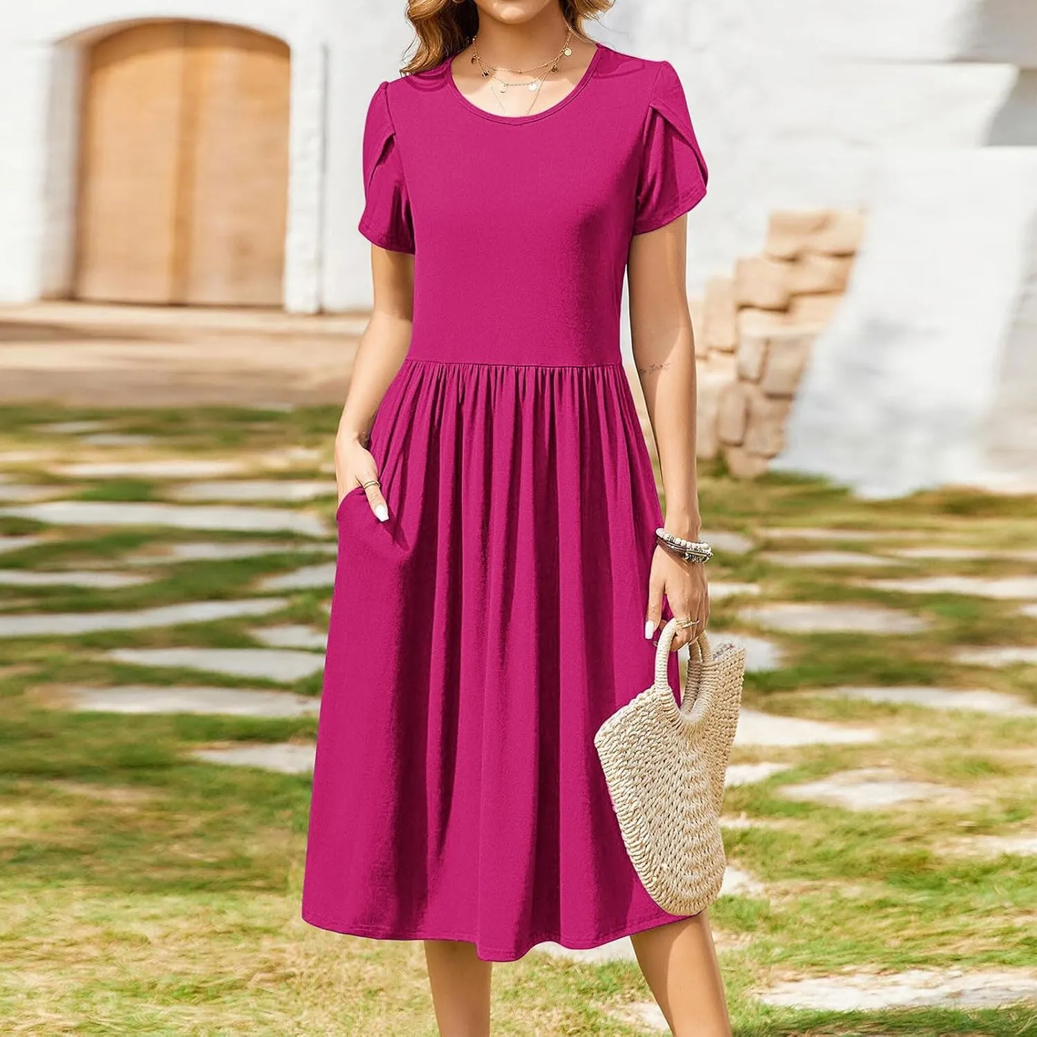 Womens Casual Dress for Summer Short Sleeve Pleated Dress Flowy Floral Beach Dress with Pockets A Line Midi Sundress