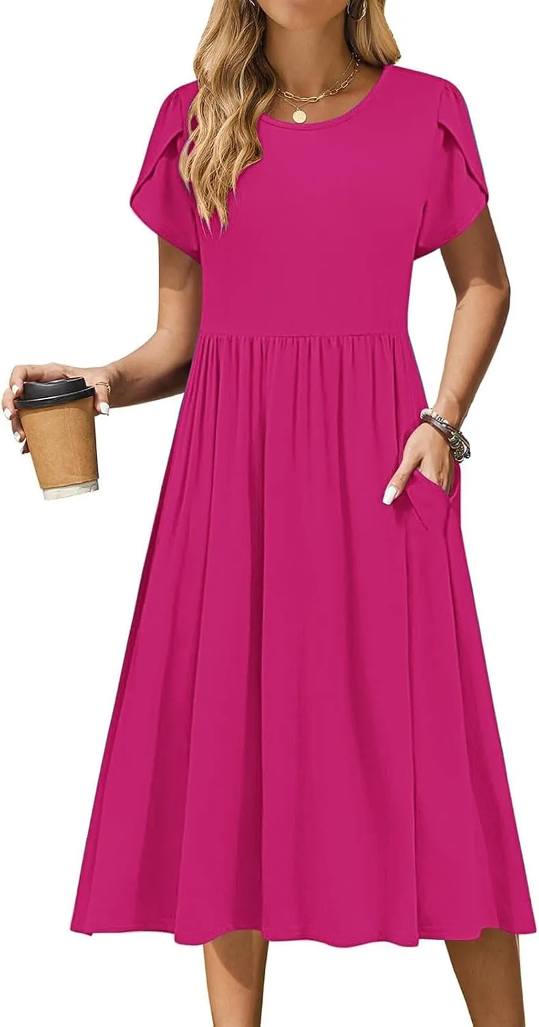 Womens Casual Dress for Summer Short Sleeve Pleated Dress Flowy Floral Beach Dress with Pockets A Line Midi Sundress